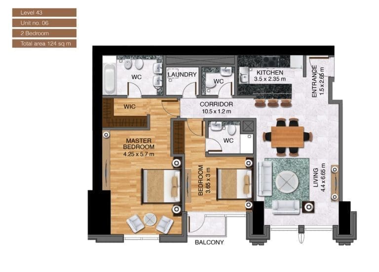 Noora Tower 2 Bedroom Apartment Level 43 Unit 06 Floor Plans