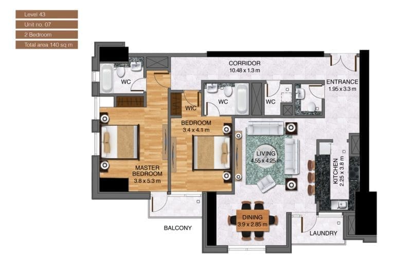 Noora Tower 2 Bedroom Apartment Level 43 Unit 07 Floor Plans