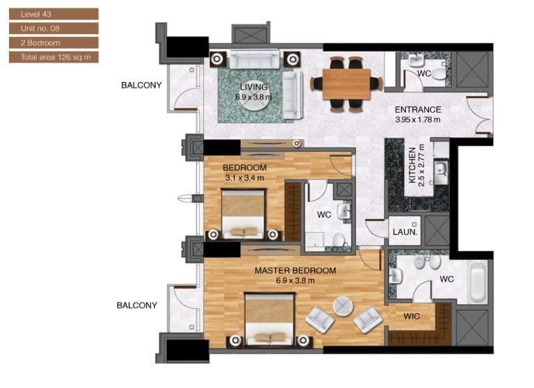 Noora Tower 2 Bedroom Apartment Level 43 Unit 08 Floor Plans