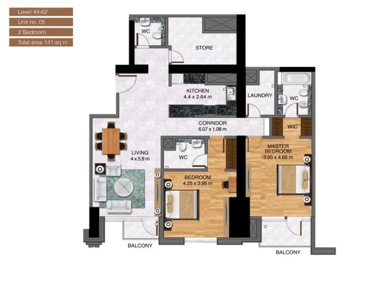 Noora Tower 2 Bedroom Apartment Level 44-62 Unit 05 Floor Plans