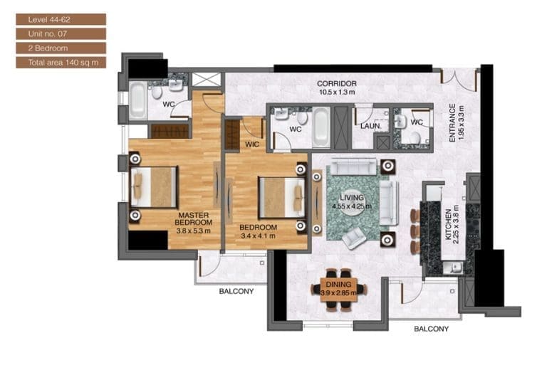 Noora Tower 2 Bedroom Apartment Level 44-62 Unit 07 Floor Plans
