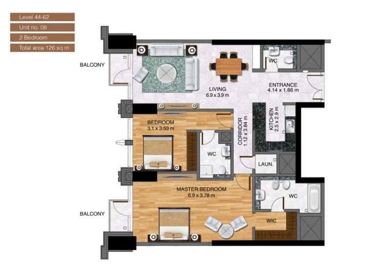 Noora Tower 2 Bedroom Apartment Level 44-62 Unit 08 Floor Plans