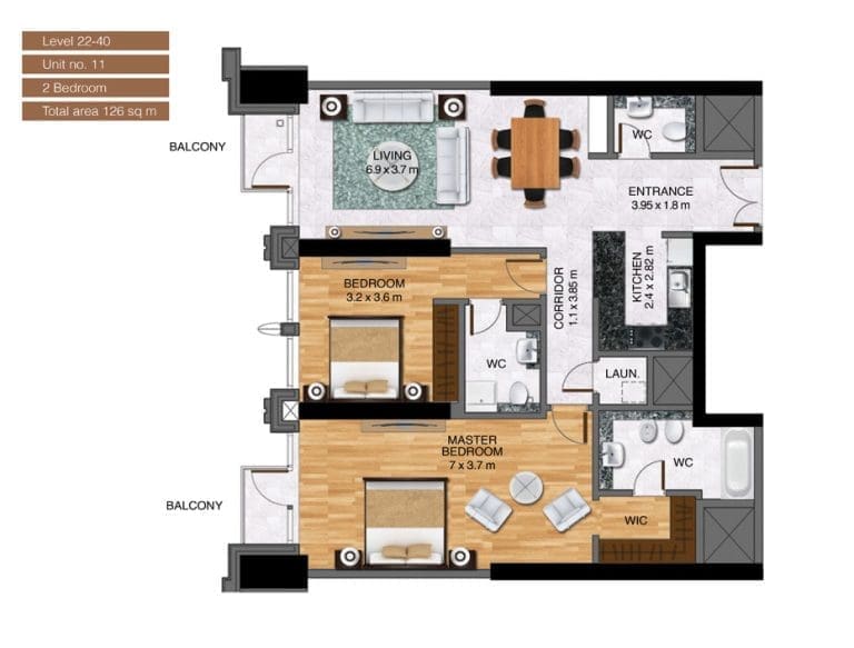 Noora Tower 2 Bedroom Apartment Level 22-40 Unit 11 Floor Plans