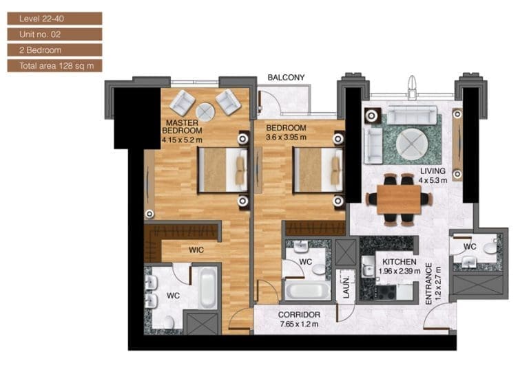 Noora Tower 2 Bedroom Apartment Level 22-40 Unit 02 Floor Plans