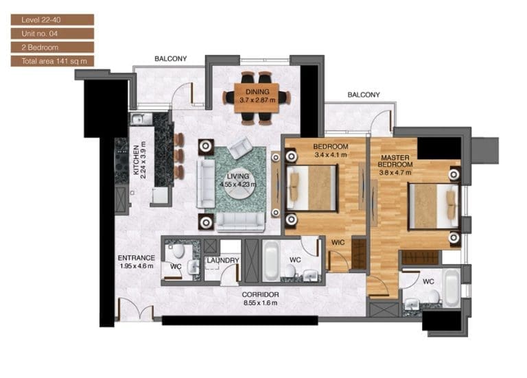 Noora Tower 2 Bedroom Apartment Level 22-40 Unit 04 Floor Plans