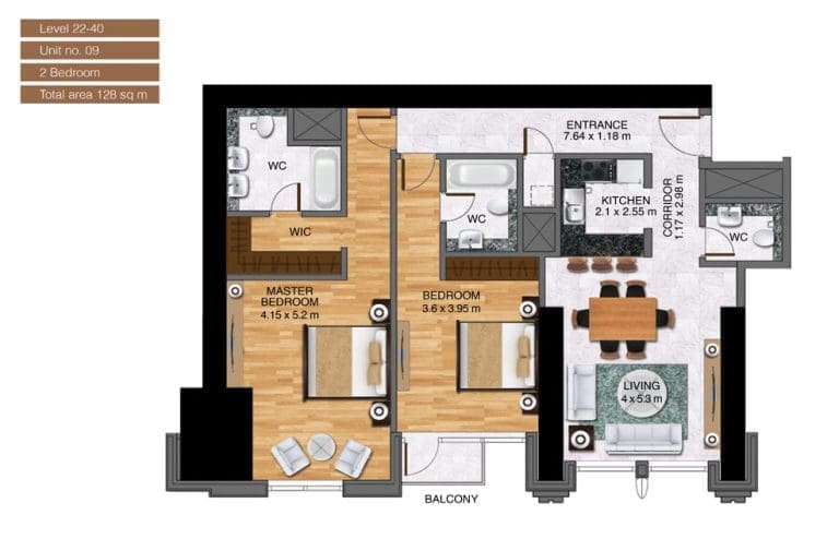 Noora Tower 2 Bedroom Apartment Level 22-40 Unit 09 Floor Plans