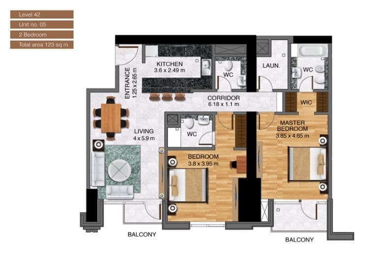 Noora Tower 2 Bedroom Apartment Level 42 Unit 05 Floor Plans