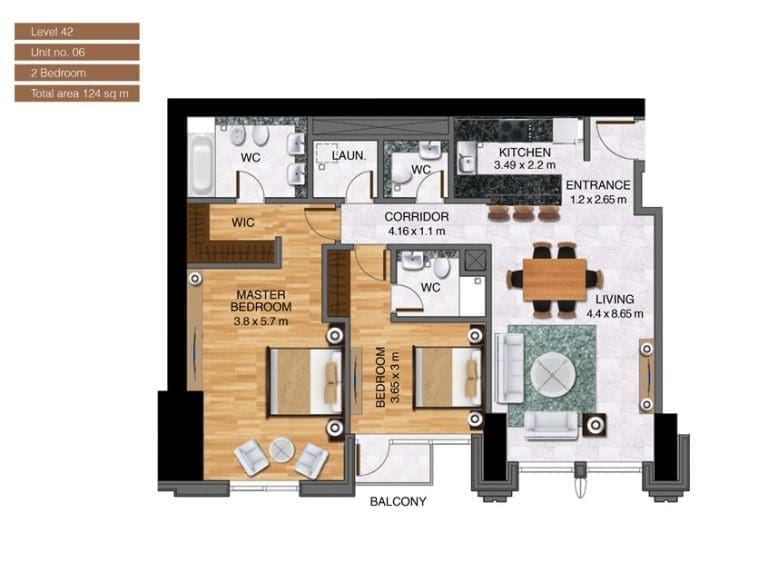 Noora Tower 2 Bedroom Apartment Level 42 Unit 06 Floor Plans