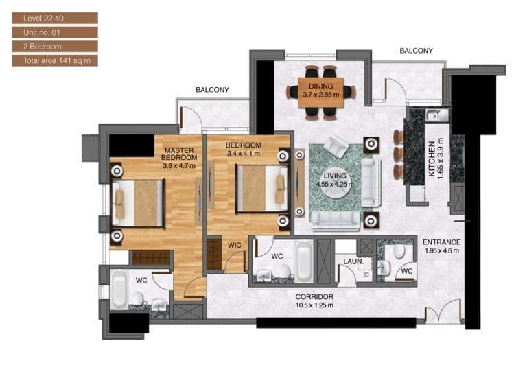 Noora Tower 2 Bedroom Apartment Level 22-40 Unit 01 Floor Plans
