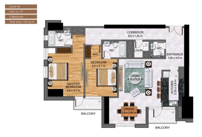 Noora Tower 2 Bedroom Apartment Level 42 Unit 07 Floor Plans