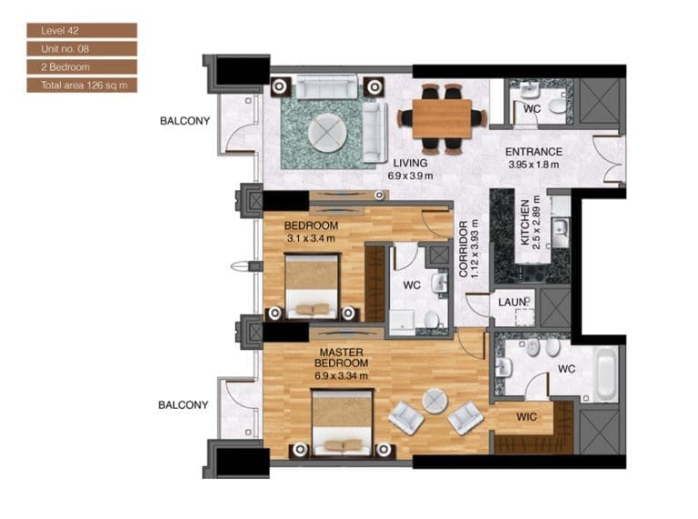 Noora Tower 2 Bedroom Apartment Level 42 Unit 08 Floor Plans
