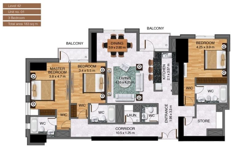 Noora Tower 3 Bedroom Apartment Level 42 Unit 01 Floor Plans