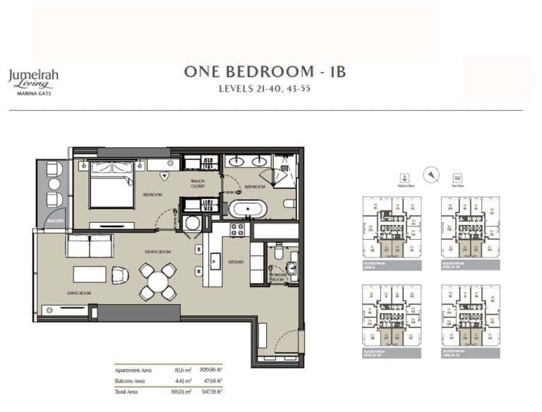 Jumeirah Living Marina Gate 1 Bedroom Apartment Type 1B Floor Plans