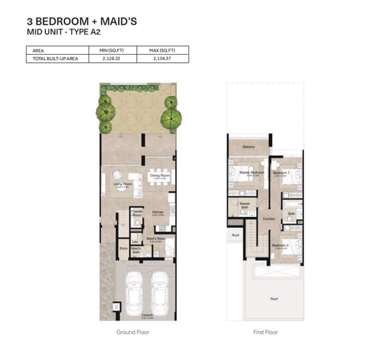 Shams 3 Bedroom Townhouse plus Maid Type A2 Floor Plans