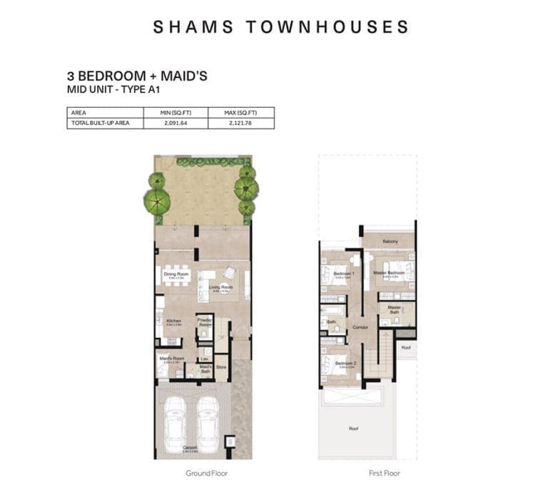 Shams 3 Bedroom Townhouse plus Maid Type A1 Floor Plans