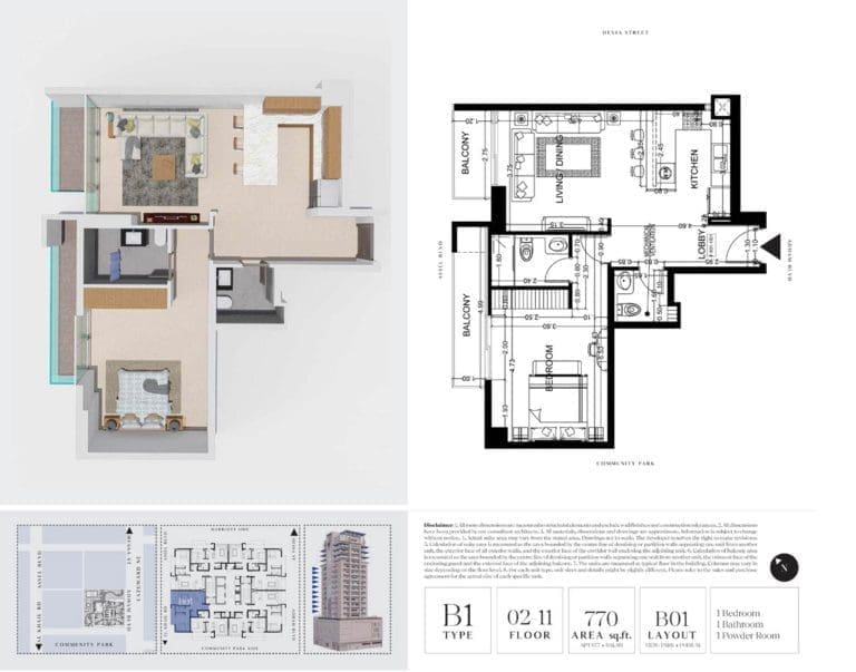 7 Park Central 1 Bedroom Apartment Type B1-3 Floor Plans