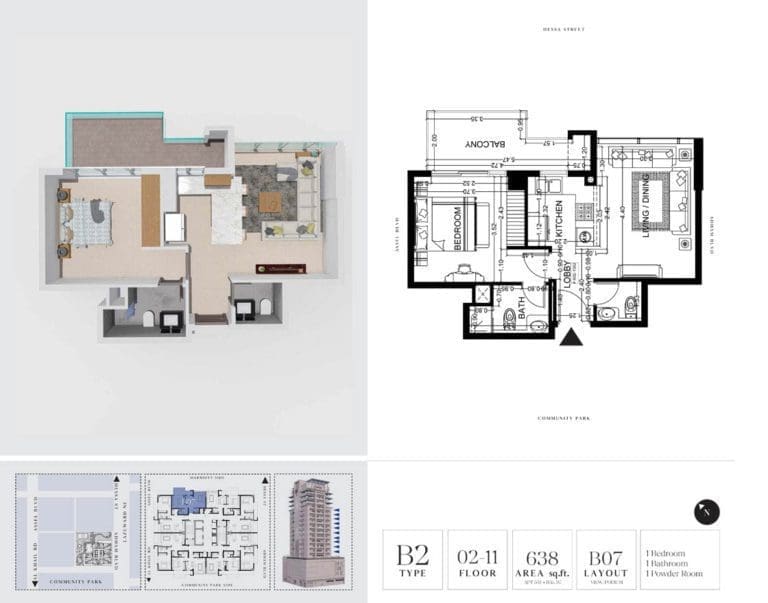 7 Park Central 1 Bedroom Apartment Type B2 Floor Plans