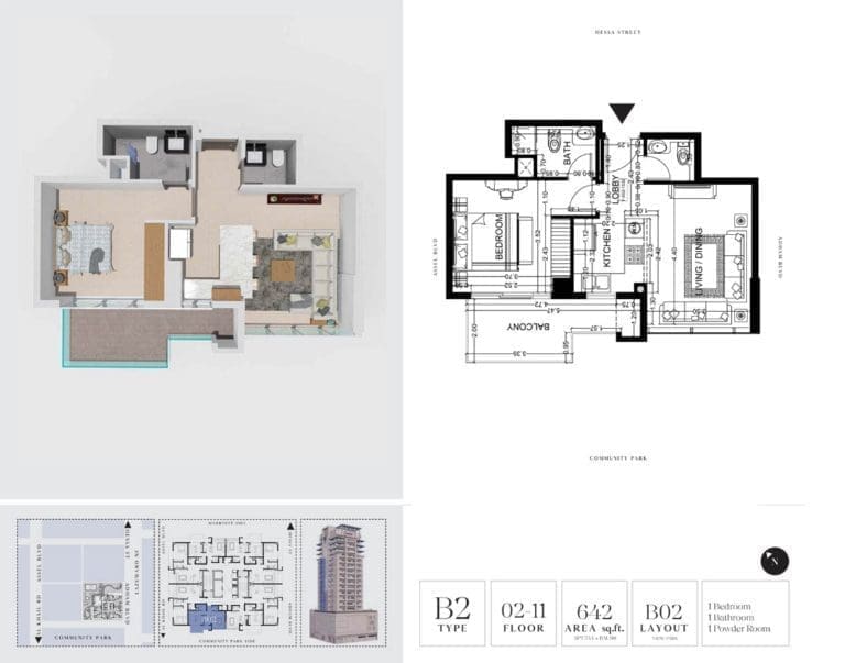 7 Park Central 1 Bedroom Apartment Type B2-1 Floor Plans