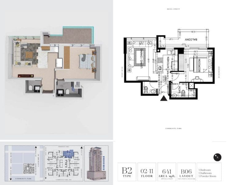 7 Park Central 1 Bedroom Apartment Type B2-2 Floor Plans