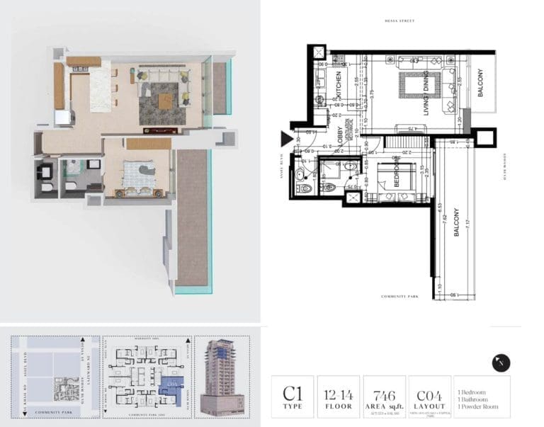 7 Park Central 1 Bedroom Apartment Type C1 Floor Plans