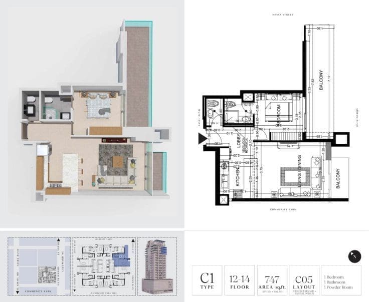 7 Park Central 1 Bedroom Apartment Type C1-1 Floor Plans