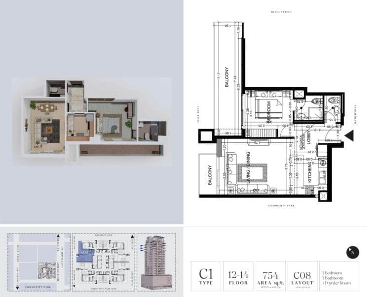 7 Park Central 1 Bedroom Apartment Type C1-2 Floor Plans