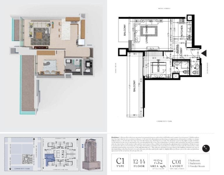 7 Park Central 1 Bedroom Apartment Type C1-3 Floor Plans