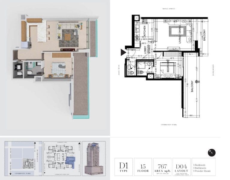 7 Park Central 1 Bedroom Apartment Type D1 Floor Plans