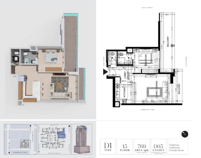 7 Park Central 1 Bedroom Apartment Type D1-1 Floor Plans