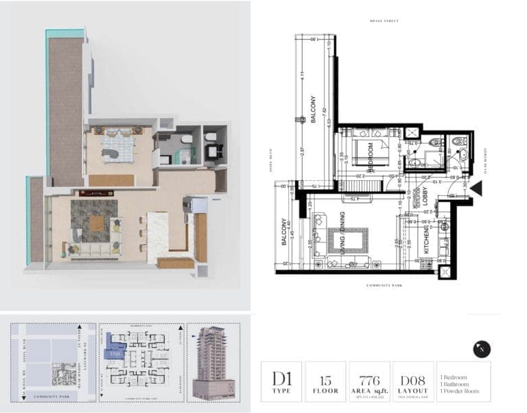 7 Park Central 1 Bedroom Apartment Type D1-2 Floor Plans