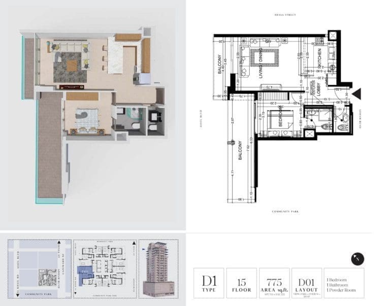 7 Park Central 1 Bedroom Apartment Type D1-3 Floor Plans