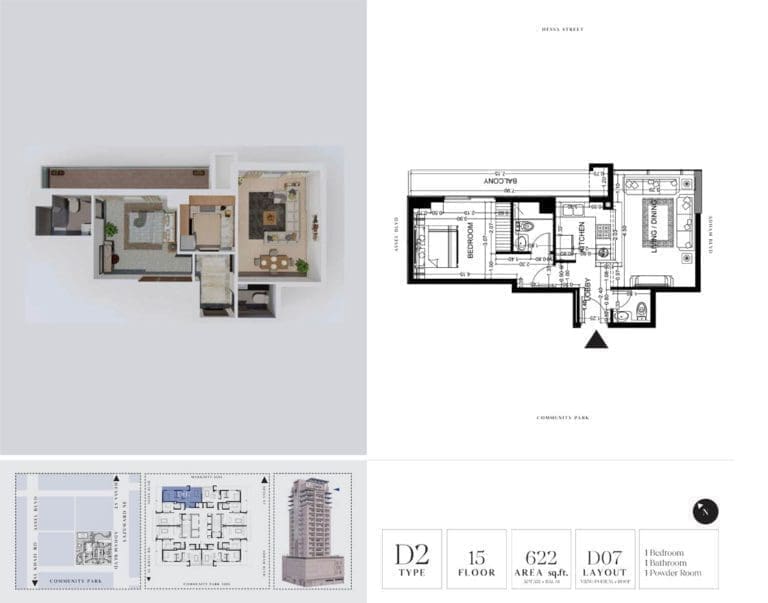 7 Park Central 1 Bedroom Apartment Type D2 Floor Plans