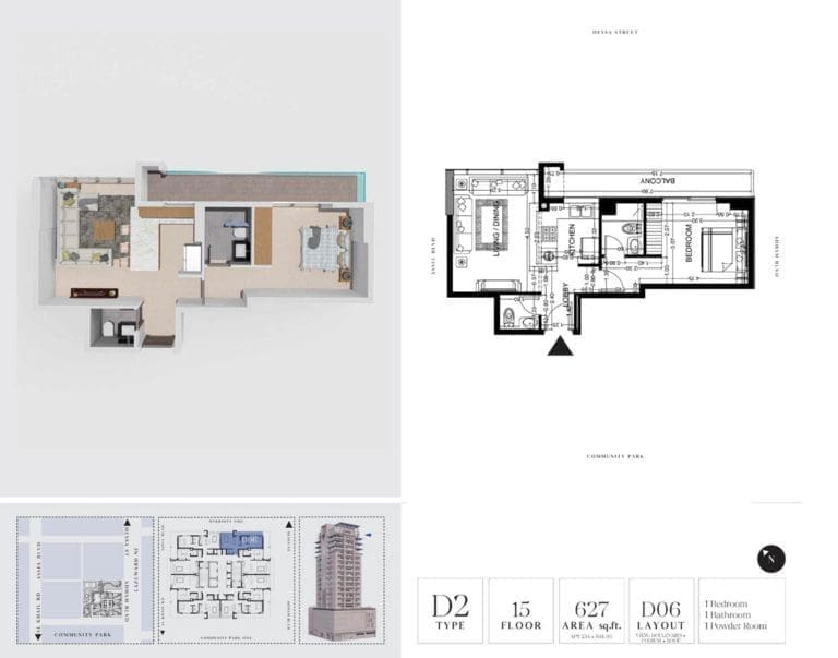7 Park Central 1 Bedroom Apartment Type D2-1 Floor Plans