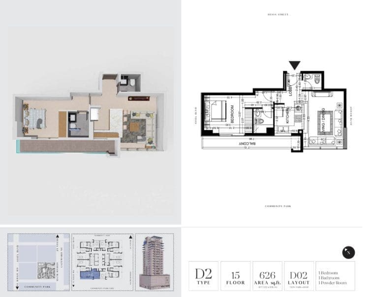 7 Park Central 1 Bedroom Apartment Type D2-2 Floor Plans