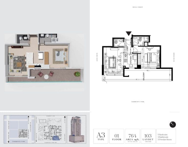 7 Park Central 1 Bedroom Apartment Type A3 Floor Plans