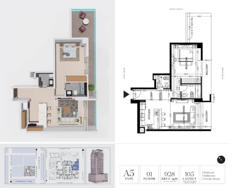 7 Park Central 1 Bedroom Apartment Type A5 Floor Plans