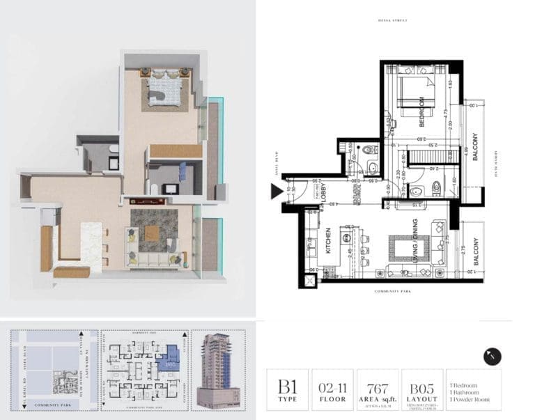 7 Park Central 1 Bedroom Apartment Type B1 Floor Plans