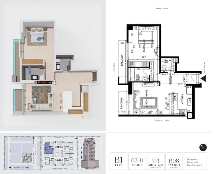 7 Park Central 1 Bedroom Apartment Type B1-1 Floor Plans