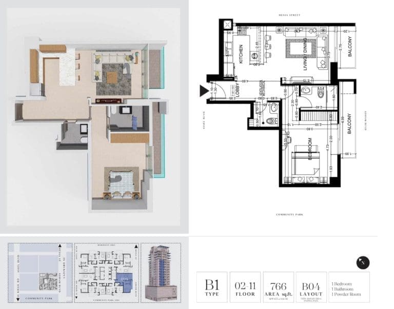 7 Park Central 1 Bedroom Apartment Type B1-2 Floor Plans
