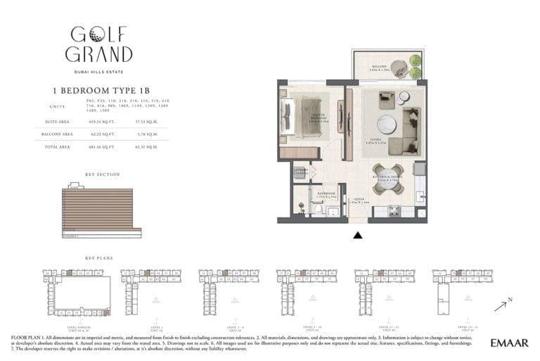 Golf Grand 1 Bedroom Apartment Type 1B-1 Floor Plans