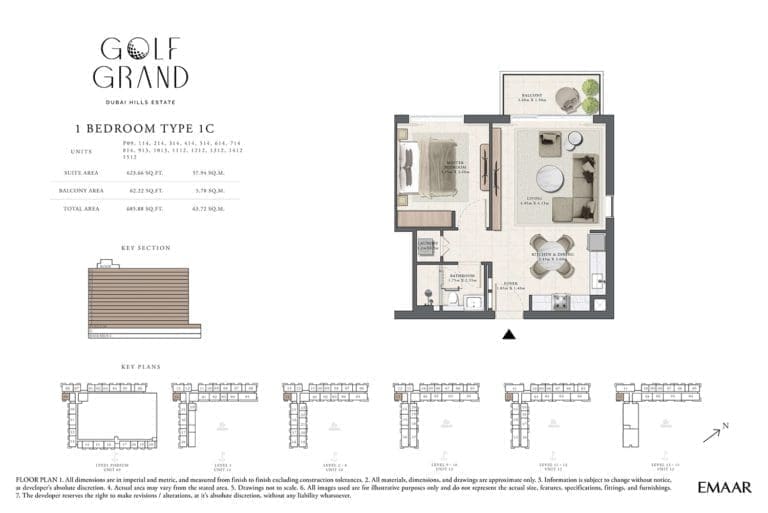 Golf Grand 1 Bedroom Apartment Type 1C Floor Plans