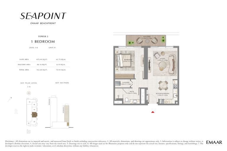 Seapoint Tower 2 – 1 Bedroom Level 3-8 Unit 01 Floor Plans