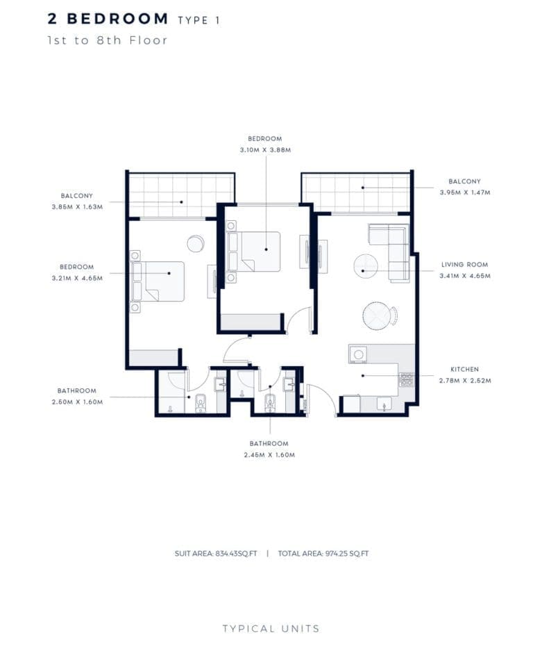 Azizi Amber 2 Bedroom Apartment Type 1 Floor Plans