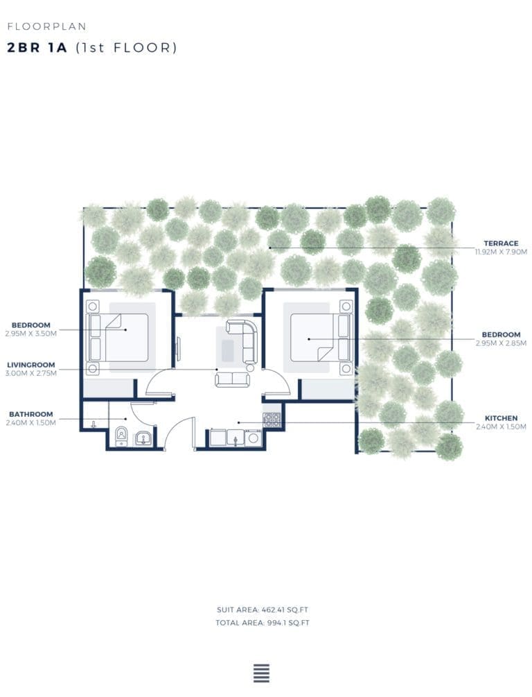 Azizi Creek Views 2 – 2 Bedroom Apartment Type 1A Floor Plans