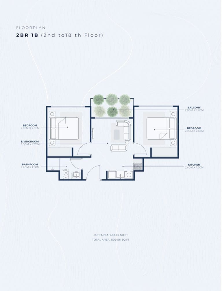Azizi Creek Views 2 – 2 Bedroom Apartment Type 1B Floor Plans