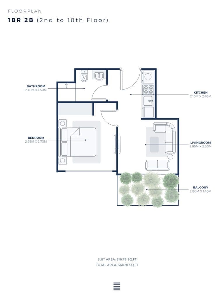 Azizi Creek Views 2 – 1 Bedroom Apartment Type 2B Floor Plans