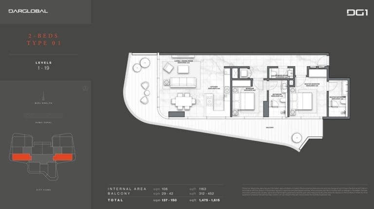 DG1 Living Tower 2 Bedroom Apartment Type 1 Floor Plans