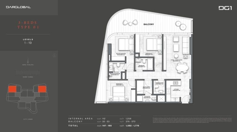 DG1 Living Tower 3 Bedroom Apartment Type 1 Floor Plans