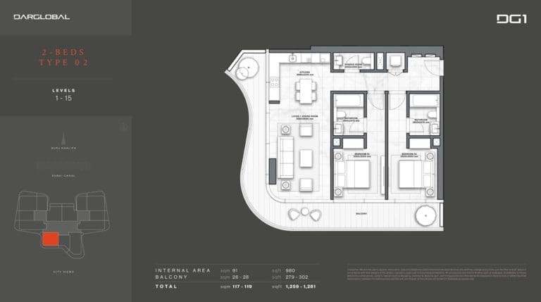 DG1 Living Tower 2 Bedroom Apartment Type 2 Floor Plans