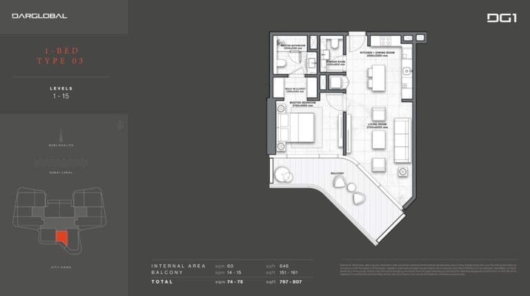 DG1 Living Tower 1 Bedroom Apartment Type 3 Floor Plans